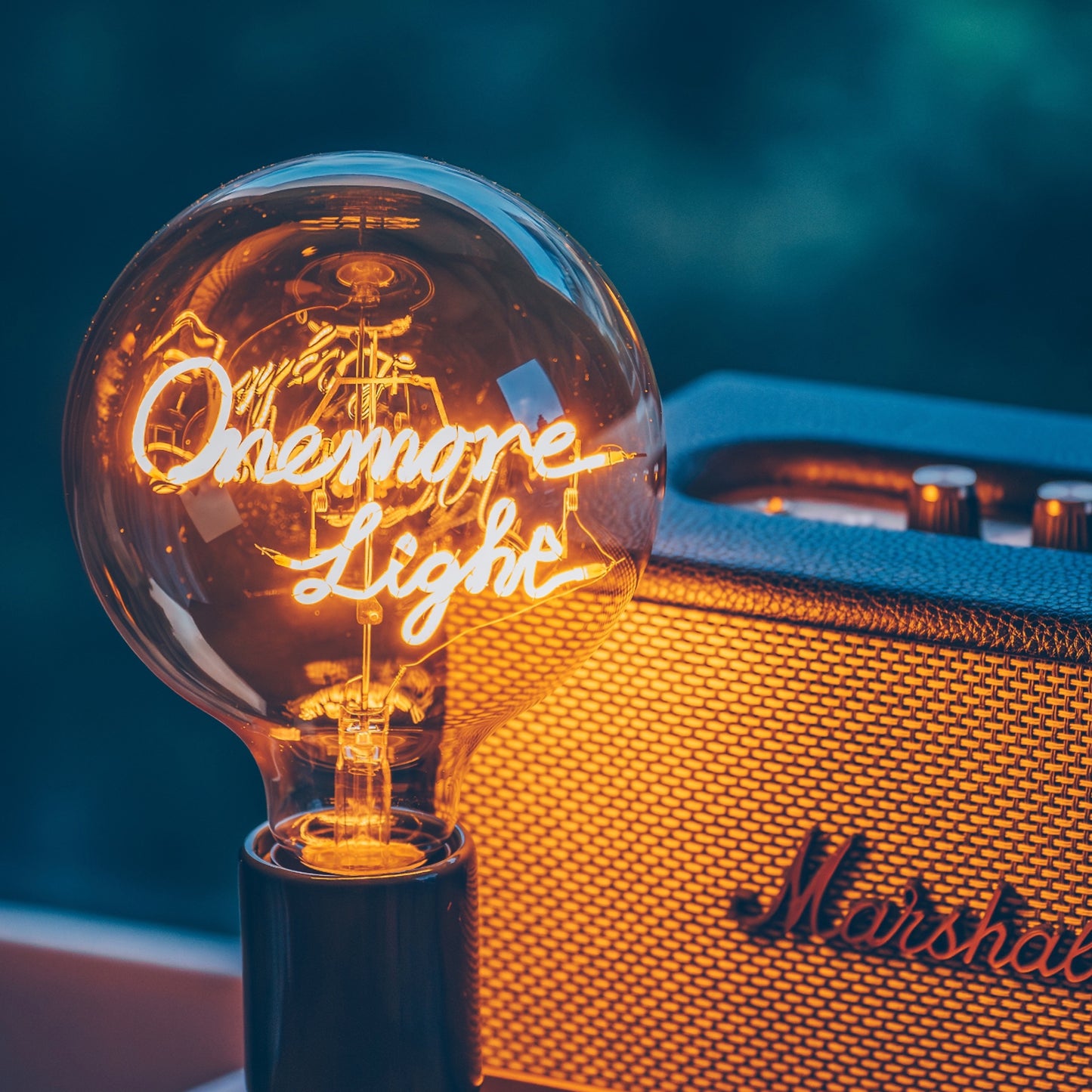 Custom Edison bulb table lamp with a custom text filament and a black metallic base