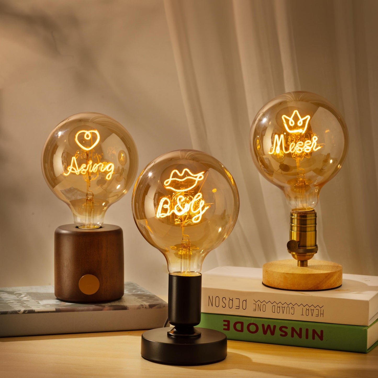 Personalized Edison bulb table lamp with a custom text filament