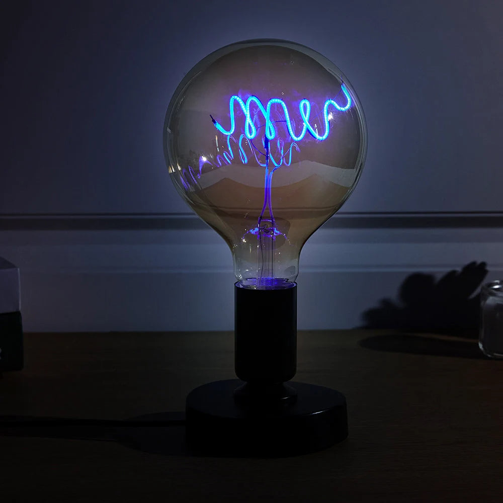 Personalized Edison bulb table lamp with a custom text filament blue light